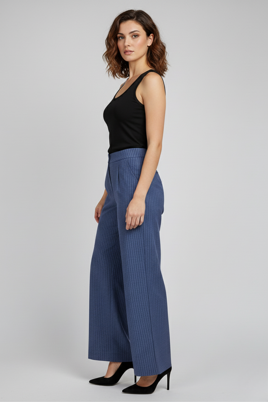 Zerina Çizgili Kot Görünümlü Tek Pileli Pantolun