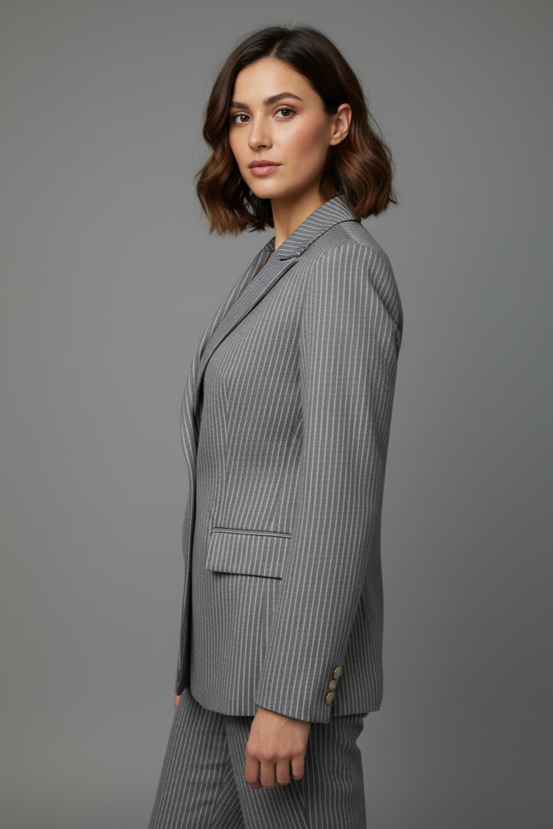 Zerina Pudra Çizgili Gri Ceket