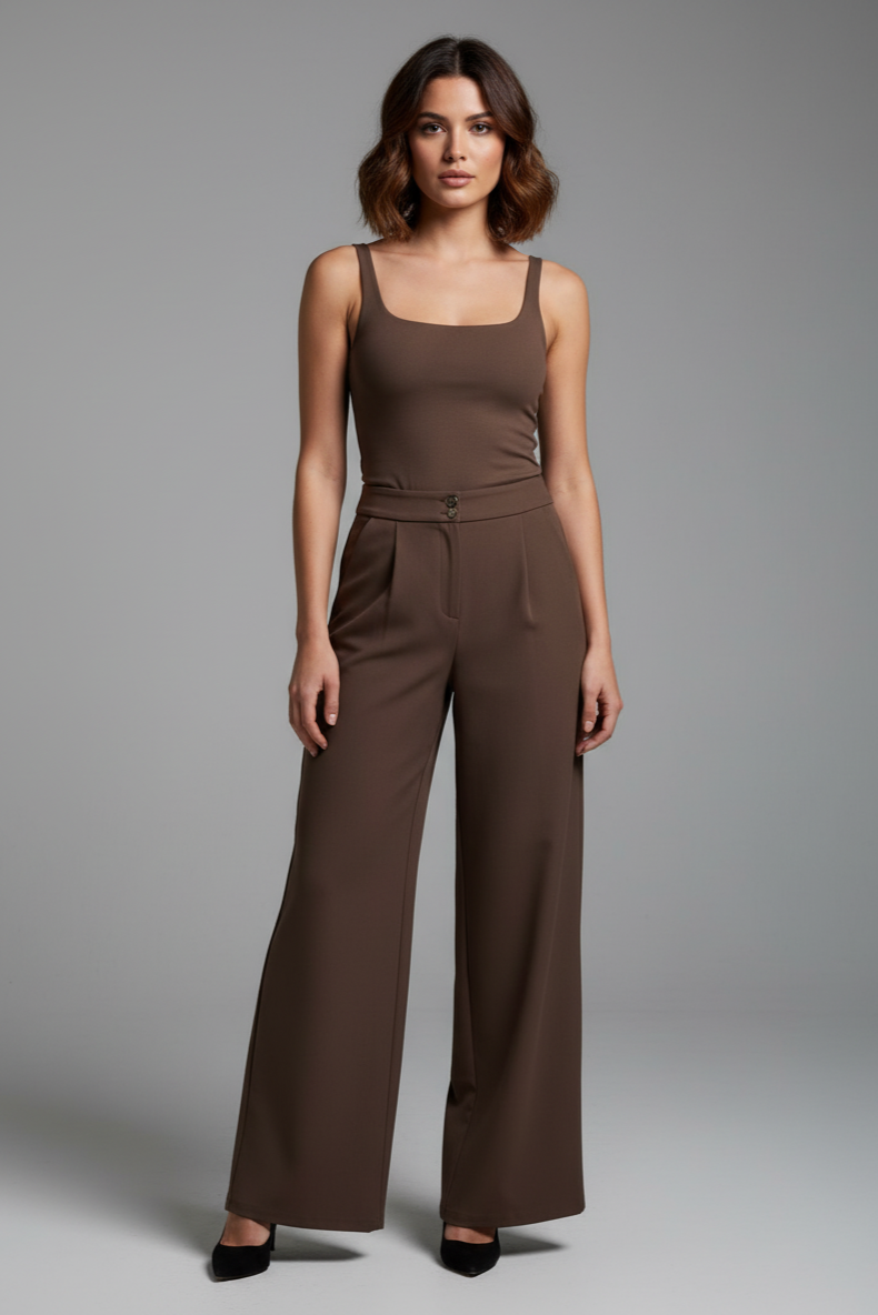 Zerina Tek Pileli Kahve Rengi Pantolon