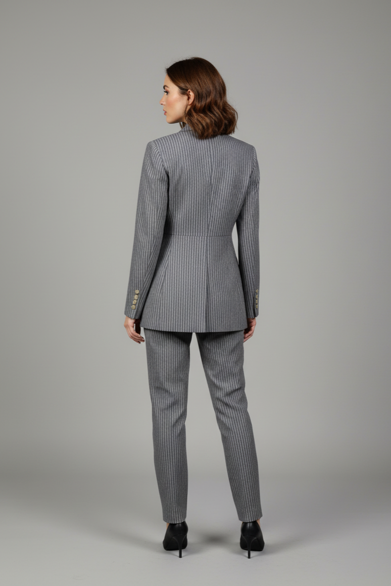 Zerina Pudra Çizgili Gri Ceket