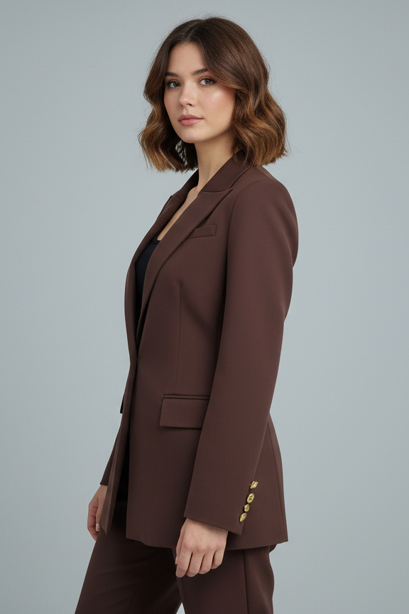 Gold Düğme Detaylı Kahverengi Blazer Ceket